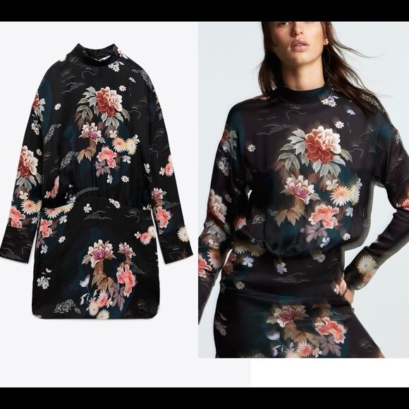Zara Black long sleeve floral Camila minidress Sz XS NWT - Picture 3 of 10